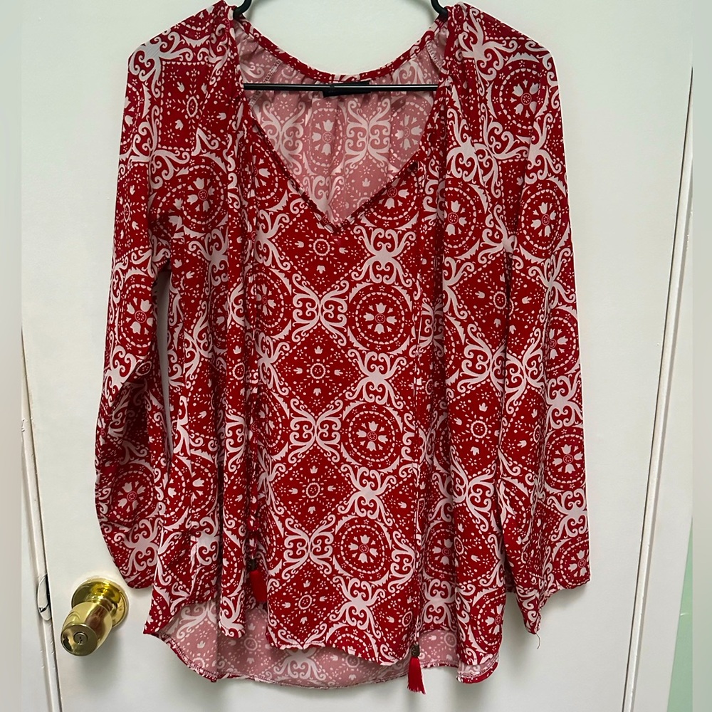 Blouse - flowy V-neck, long-sleeves; burnt orange